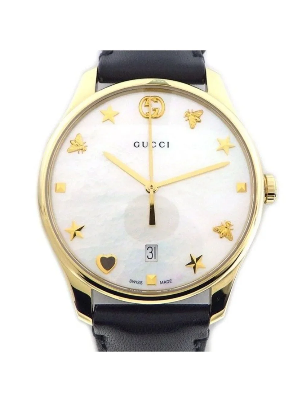 Gucci Watch Timeless 126.4 White Shell Dial Date Back Skew Black Cowhide